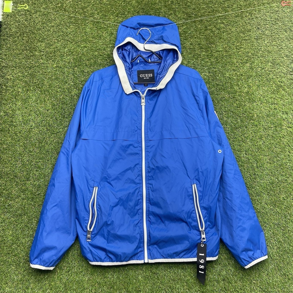 Guess Windbreaker Jacket Mens XL Full Zip Hooded Casual Active Outdoor Blue y2k